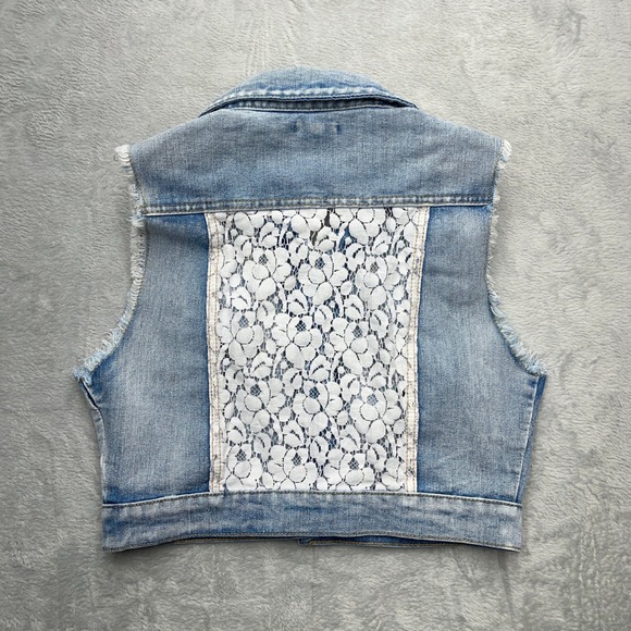 Chiqle Denim Architect Lace Back Jean Vest Women Medium Blue Frayed Distressed - Picture 7 of 8